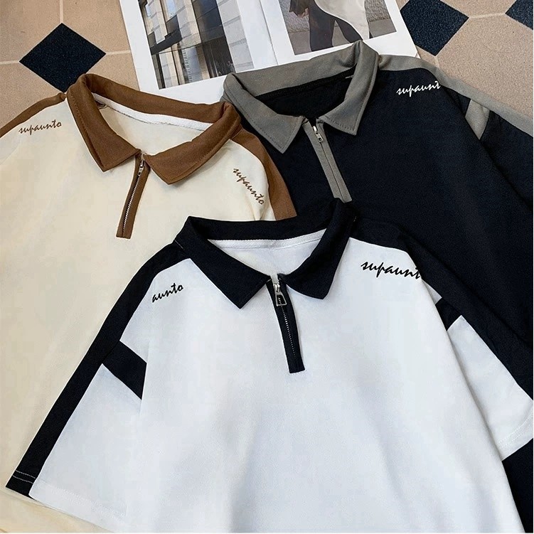 ProMan-เสื้อโปโลผู้ชาย  สีต่อ  สไตล์อเมริกันวินเทจ  ชุดคู่รัก  เรียบง่าย  แมทช์ลุคง่าย