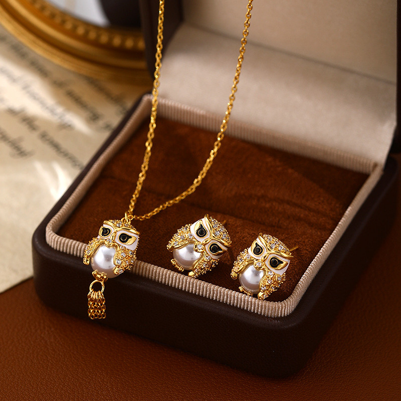 สร้อยคอ ทองแดงชุบ 18เค ทองแท้เพทายมุกนกฮูกจี้กระดูกไหปลาร้าโซ่สุภาพสตรีเครื่องประดับ