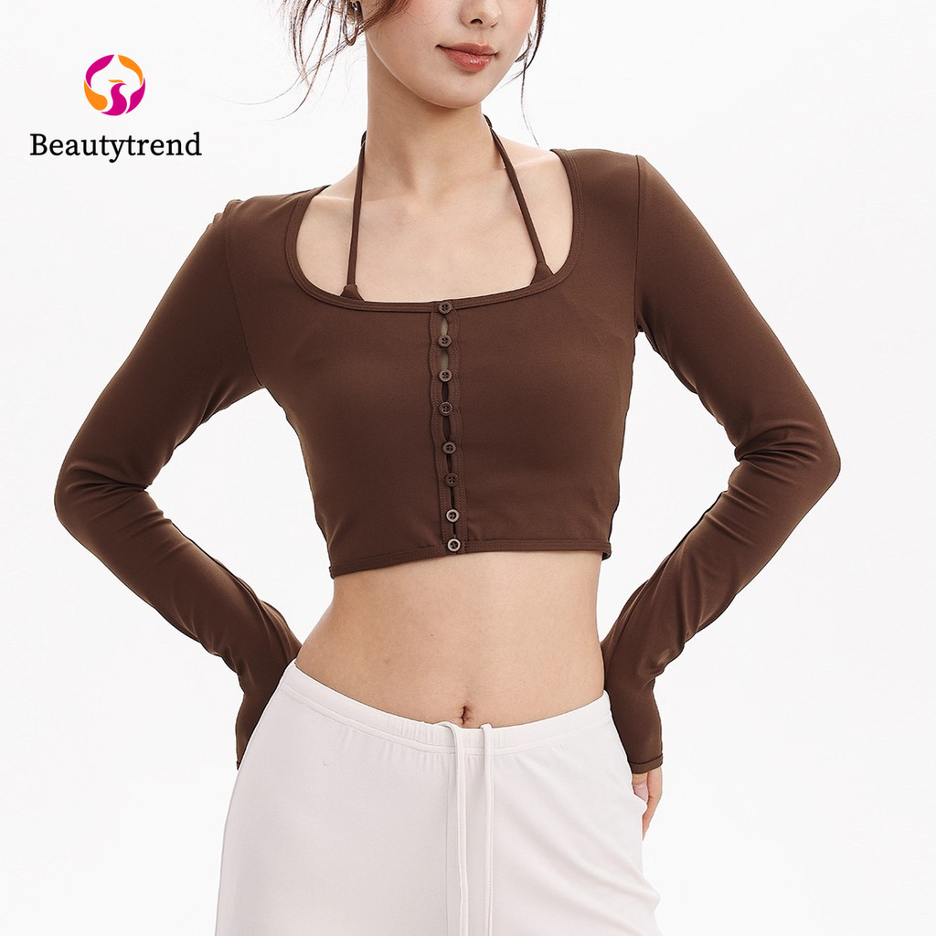 【Beautytrend】เสื้อยืดแขนยาวสไตล์ halter ออกแบบเพื่อความเซ็กซี่และกระชับ สวมใส่ได้ทั้งวันและเวลาทำโยคะ