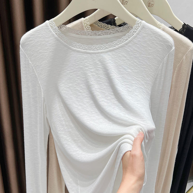 XUWEN2509 Seckill หวานลูกไม้รอบคอ Bottoming เสื้อ 2025 ผู้หญิงฤดูใบไม้ร่วงแฟชั่นแฟชั่นด้านในเสื้อแขน