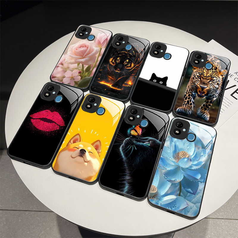 สําหรับ Itel A33 Plus Elegant ดอกไม้แมวการ์ตูนปลอก itel A33plus A33 + เลนส์ป้องกันกระจกนิรภัยเคสโทรศ