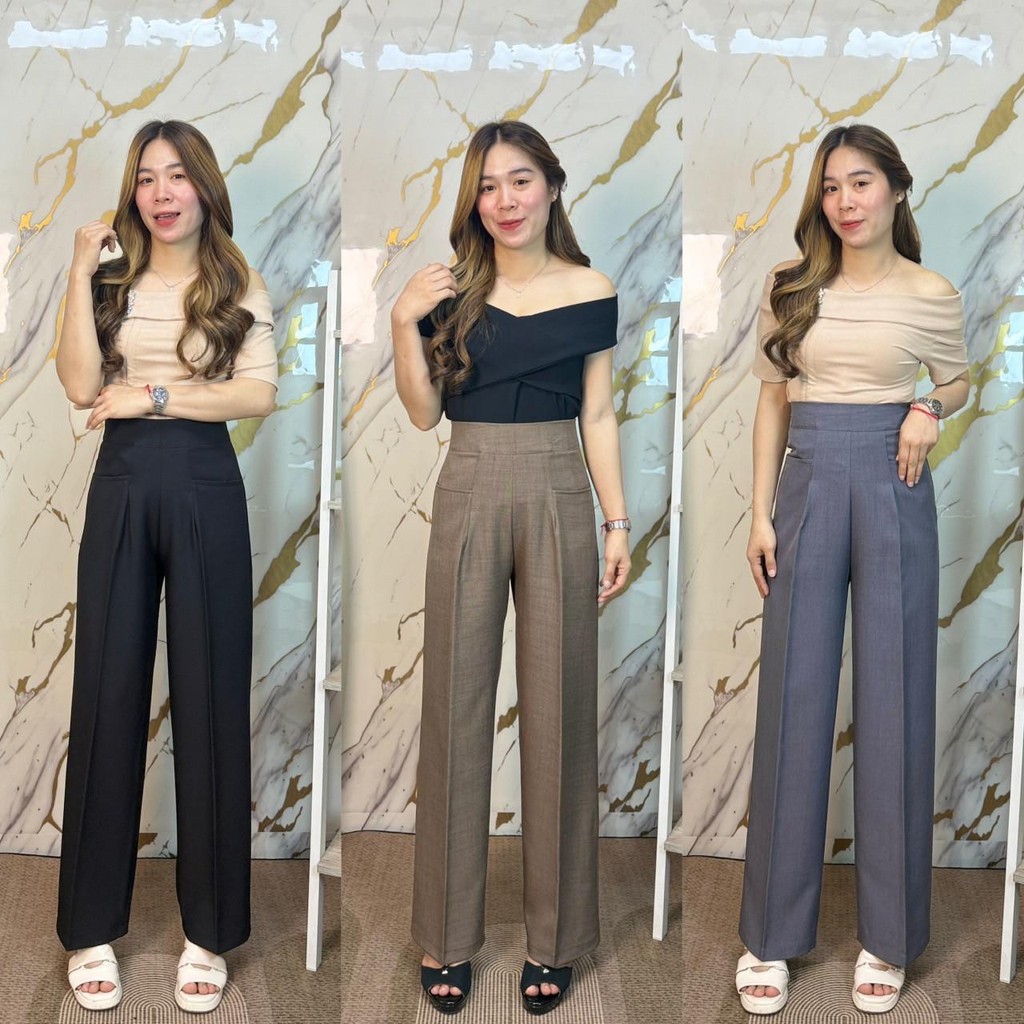 NEW!! G85 กางเกงกระบอกลางเอวสูง กระเป๋าเจาะ ซิปหลัง ผ้าฟอร์ร่า