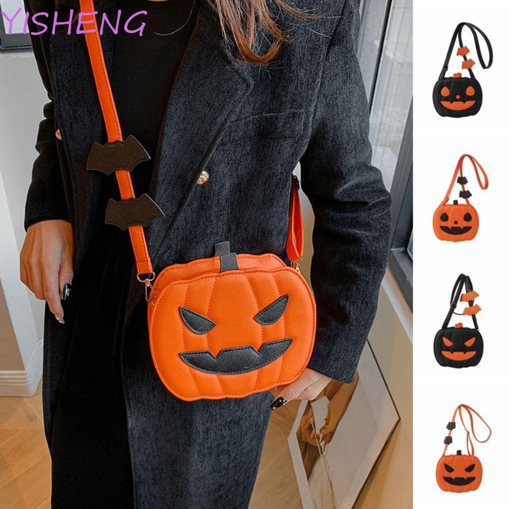 YISHENG58BS กระเป๋าฟักทองฮาโลวีน, กระเป๋าสะพายฟักทองหนัง PU ตลก, แฟชั่นความจุขนาดใหญ่ Bat Square Cro