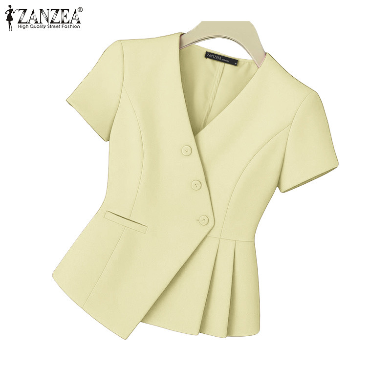 ZANZEA ผู้หญิง แขนสั้นสำหรับทำงาน ดีไซน์ไม่สม่ำเสมอพร้อมปุ่มเอียงและจีบ