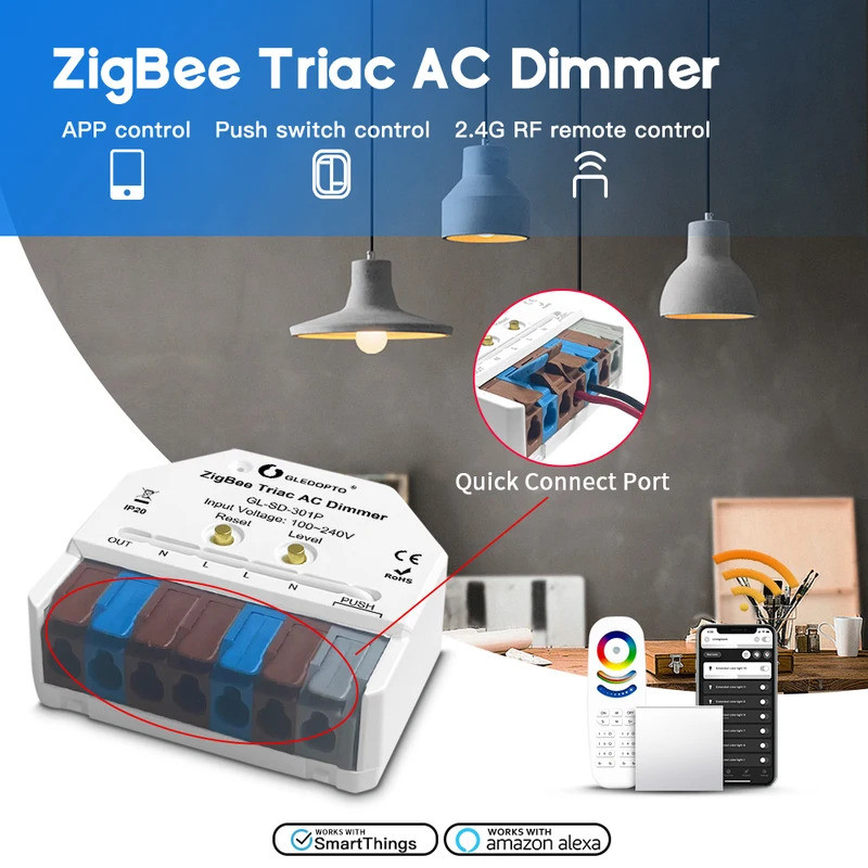 GLEDOPTO ZigBee3.0 Triac AC Dimmer Ultra Mini ตัวปรับความสว่าง LED มีปุ่มกดควบคุม ควบคุมผ่านแอปและเสียง รองรับ Hue Tuya Alexa SmartThings