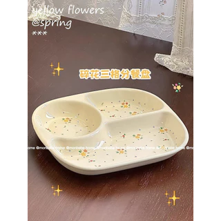 จาน จานเซรามิค ชุดจานอาหารเด็ก ช่องแบ่งถาดหลุมเด็ก ลายดอกไม้🌸 พร้อมส่ง