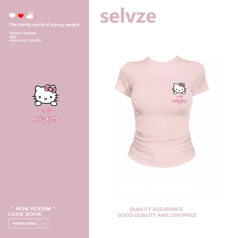 Selvze เสื้อครอปท็อป แขนสั้น แฟชั่นฤดูร้อน (รูปแบบการ์ตูนแมวคิตตี้น่ารัก） ชั่วโมง เสื้อยืดแขนสั้นสไตล์เกาหลี Y2K cotton100% จัดส่งตลอด 24 ชั่วโมง E000631