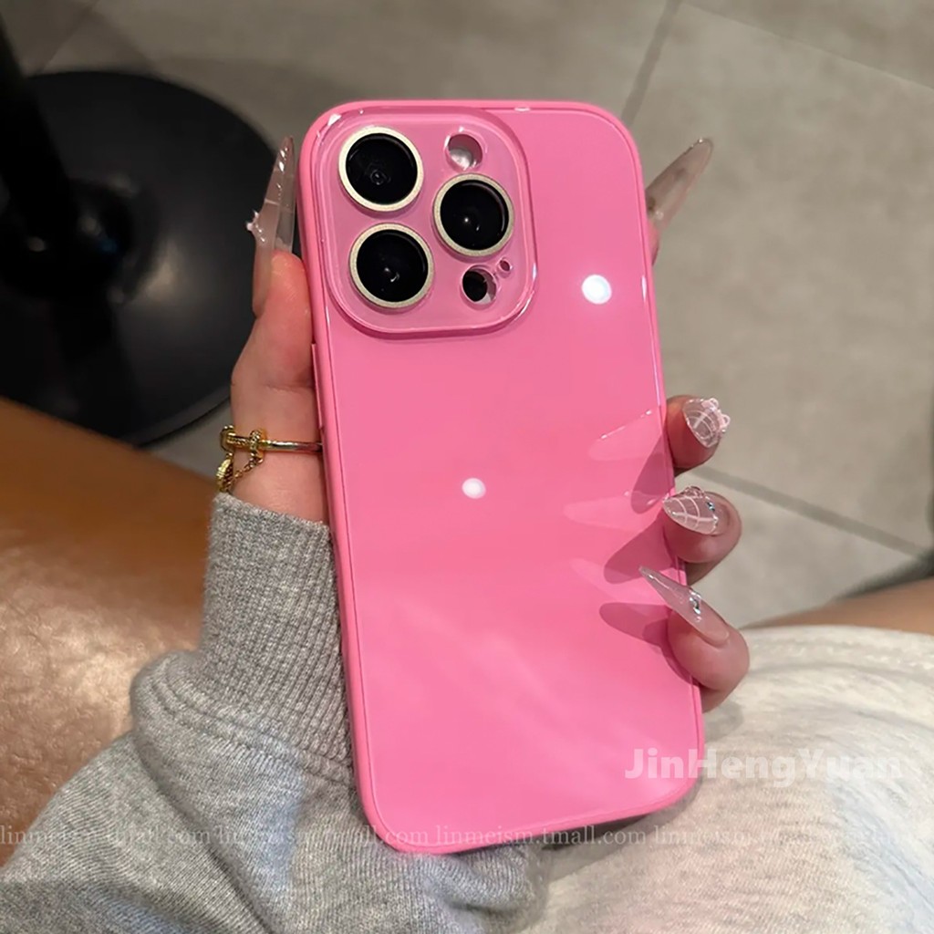 Rose สีชมพูสีทึบกระจกนิรภัย Matte Soft ซิลิโคนขอบเคสโทรศัพท์สําหรับ IPhone 16 15 14 13 12 11 Pro Max เลนส์ฝาครอบป้องกัน Anti Fall Hard Casing