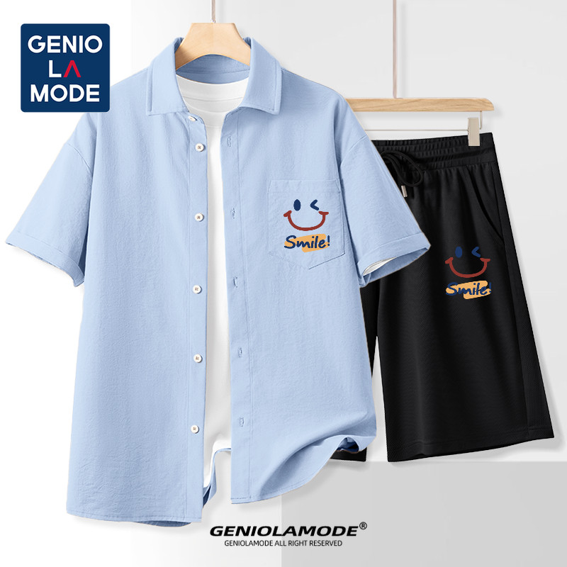 GENIO LAMODE เสื้อเชิ้ตแขนสั้นสำหรับผู้ชาย ผลิตจากผ้าไหมน้ำแข็ง สีทึบ ใส่สบาย เหมาะสำหรับใส่กางเกงขาสั้น ขนาด M-5XL
