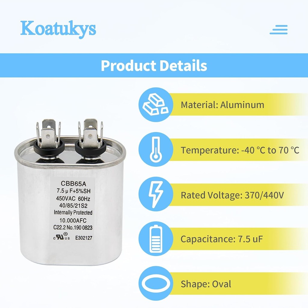 7.5 uF ±5% 7.5 MFD 370/440 VAC 50/60 Hz CBB65 CBB65A Oval Run Start Capacitor เหมาะสําหรับเครื่องปรั