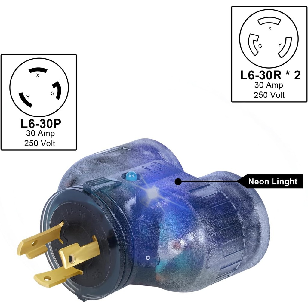 NEMA L6-30 Splitter Adapter,250Volt Twist Lock Male Plug L6-30P to (2) L6-30R Female Receptacicle,Ge