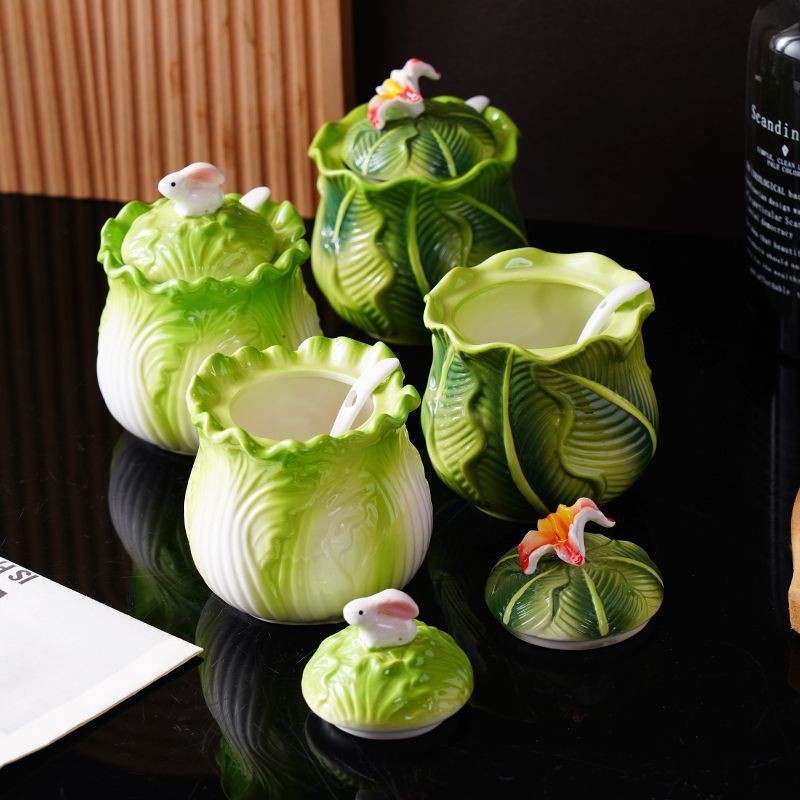 Uuu08 กะหล่ําปลีครัวเซรามิคขวดปรุงรสขวดปรุงรสเคลือบ Porcelain Shape ตกแต่งสดมือวาด Underglaze สีในคร