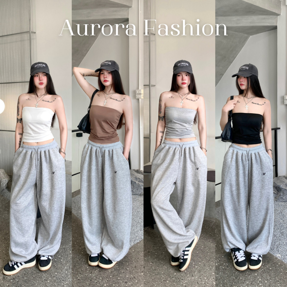 Aurora🛒พร้อมส่ง🚚 (รูปถ่ายจากงานจริง) เสื้อเกาะอก เสริมฟองน้ำในตัว สีพื้นสไตล์มินิมอล ทรงรัดรูปพอดีตัว