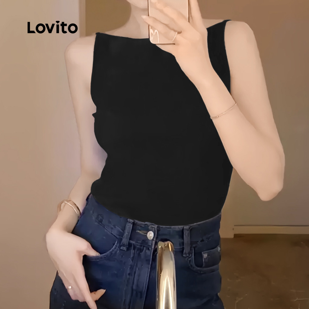 Lovito เสื้อกล้ามลําลอง เสื้อกล้ามสีดําฤดูร้อน/ฤดูใบไม้ผลิพื้นฐานสําหรับผู้หญิง L134LD140 - รูปที่ 2