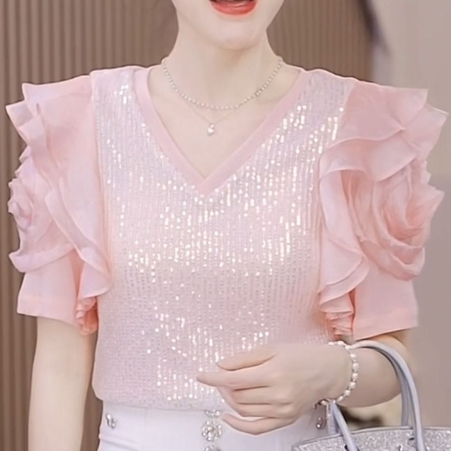 แฟชั่นใหม่ สไตล์หรูหรา สีชมพูเงางาม กะพริบเลื่อม Ruffles Top คอV เสื้อผู้หญิงสไตล์เกาหลี