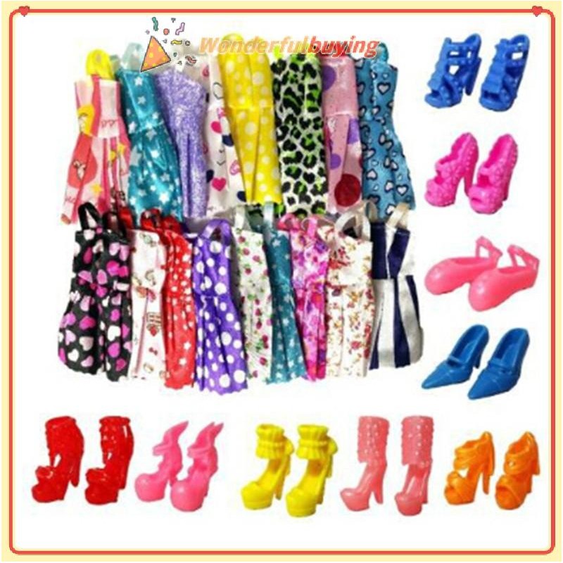 WBTH 10xHandmade ชุดตุ๊กตาเสื้อผ้า + 10xShoes รองเท้าส้นสูงสําหรับตุ๊กตาเด็ก Vary