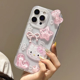 3ง สีชมพูคิตตี้เรซิ่นเคสโทรศัพท์สําหรับ ไอโฟน 17โปรแม็กซ์ 16 15 14 13 12 11 กันกระแทกป้องกันปลอก