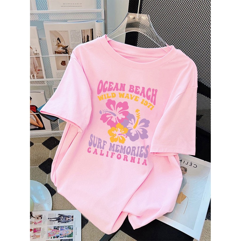 Ocean Wave Pure Cotton Wild] NEW European Size o คอปกผู้หญิงยอดนิยมสบาย19712025เสื้อยืดฤดูร้อน Beach