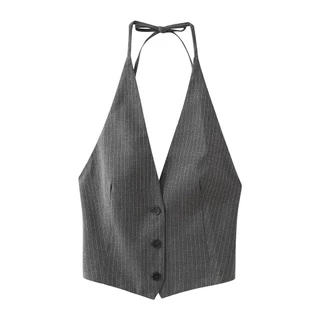 Chili Koko เสื้อกล้าม Pinstripe สำหรับผู้หญิง คอวี เปิดหลัง เสื้อกั๊กสายเดี่ยวครอป 99192