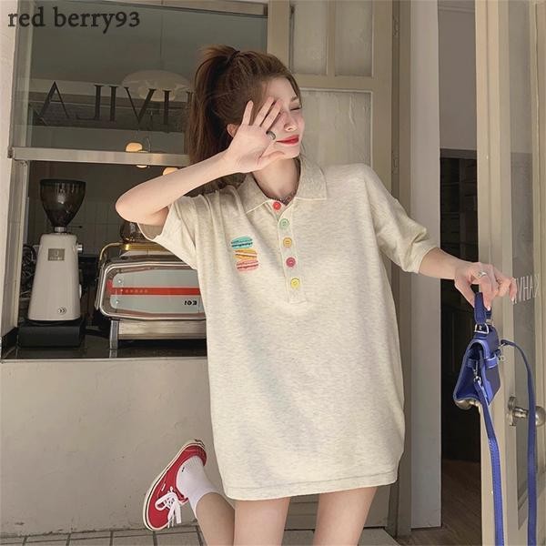 Red Berryเสื้อยืดแขนสั้นคอกลมทรงหลวมสำหรับผู้หญิงในช่วงฤดูร้อน เสื้อโปโลปักลายสีเทา2646
