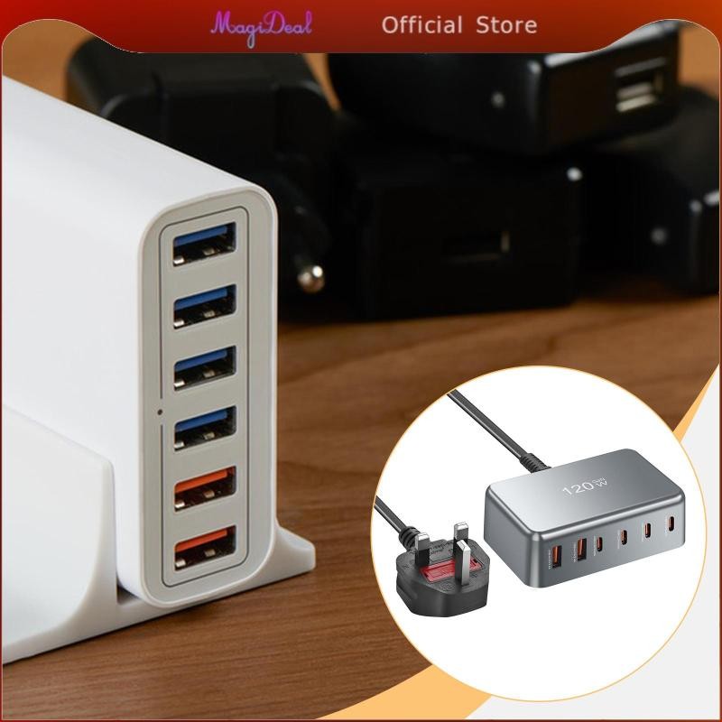 MagiDeal USB C Block, Fast Charging Station Hub อะแดปเตอร์แบบพกพาแล็ปท็อป 6 พอร์ตสําหรับสมาร์ทโฟน, T
