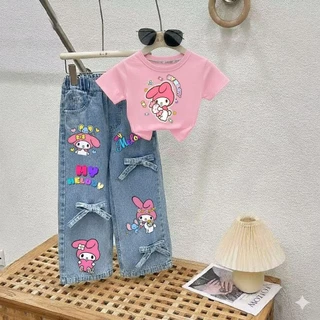 PINKชุดเซ็ทเด็กลายสุดฮิต เสื้อสกรีนลาย+กางเกงยีนส์แท้สกรีนลายแต่งโบว์