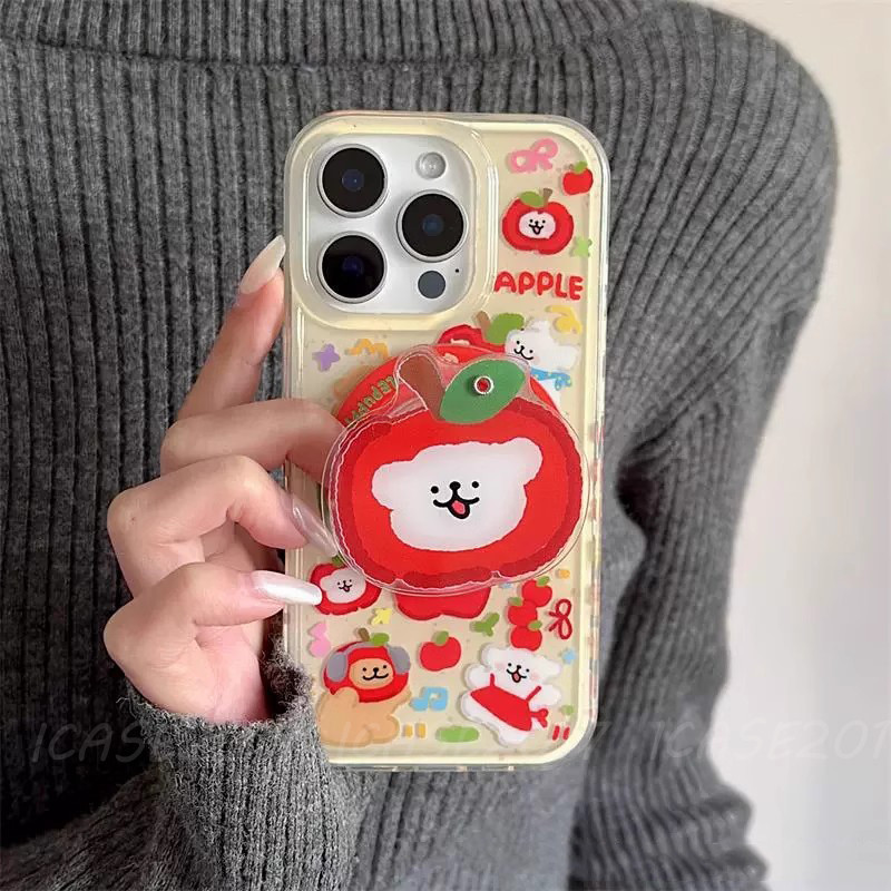 Red Apple Puppy Mirror Magnetic Bracket Samsung S25 edge S24 S23 S22+S21 FE Note20 Ultra Shock-Resistant Phone Case