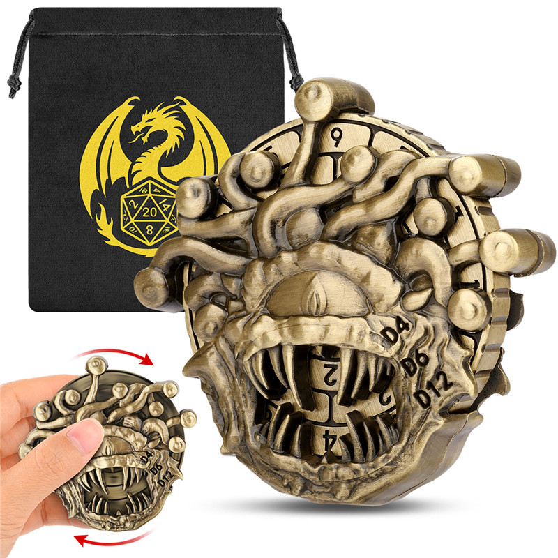 Vintage Eye Monster Beholder Shape Metal DND Dice Roulette 7-in-1 Dice Rotating Fingertip Wheel for 