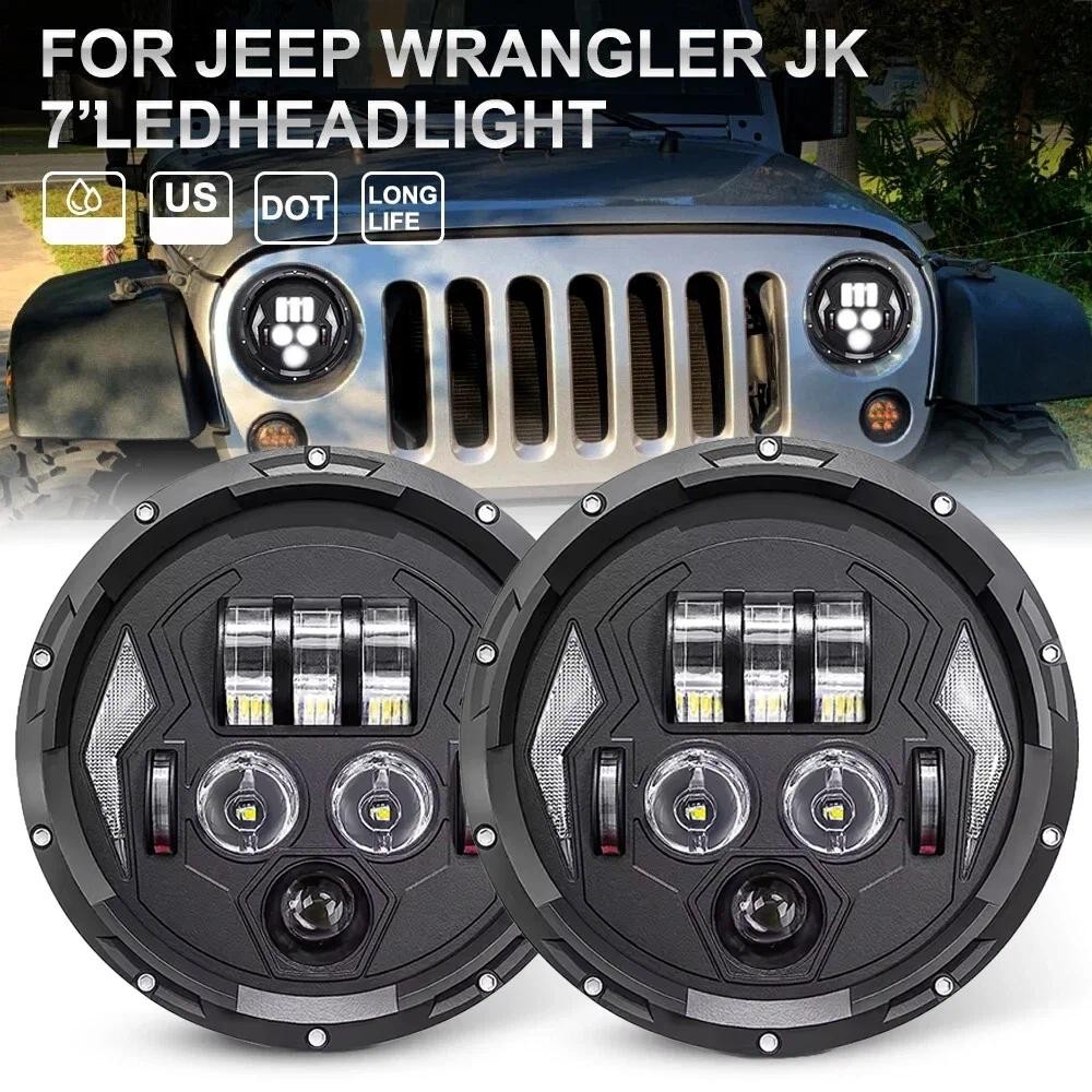 7 "LED รอบไฟหน้า H4 Hi-Lo พร้อม Halo Angel Eye DOT E9 สีขาว Amber สําหรับ Yamaha Harley Jeep Jk Lada