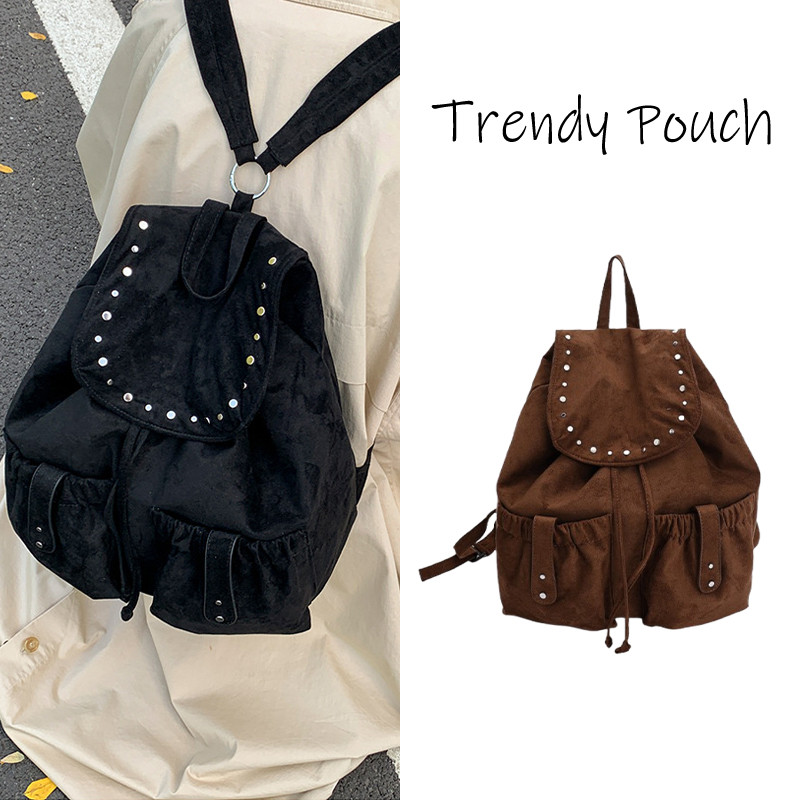 TRENDY POUCH กระเป๋าเป้สะพายหลังย้อนยุค ทำจากหนังนิ่ม ความจุขนาดใหญ่ สไตล์เรียบง่ายและสวมใส่ง่าย