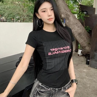 เสื้อยืดแขนสั้น ทรงสลิมฟิต สําหรับผู้หญิงเสื้อยืดคอกลมแฟชั่นย้อนยุคสไตล์อเมริกัน ลายพิมพ์ตัวอักษร เนื้อผ้านุ่มสบาย