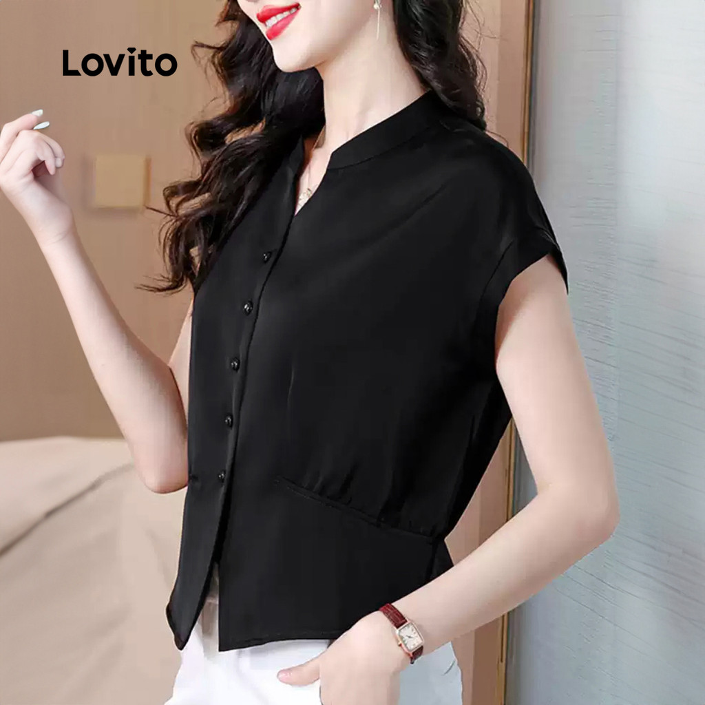 Lovito เสื้อผู้หญิงแบบสุภาพ แขนทรงเสื้อบานปุ่ม สปริง/ซัมเมอร์ สีดำ L150ED107 - รูปที่ 2