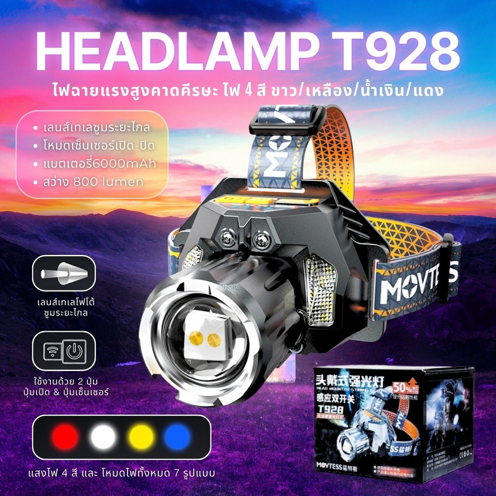 Fashion ไฟคาดศีรษะ รุ่น T928 ไฟ LED 800ลูเมน ซูมระยะไกล 20W มีระบบเซ็นเซอร์เปิด-ปิด 2000mAh ไฟฉาย ไฟ