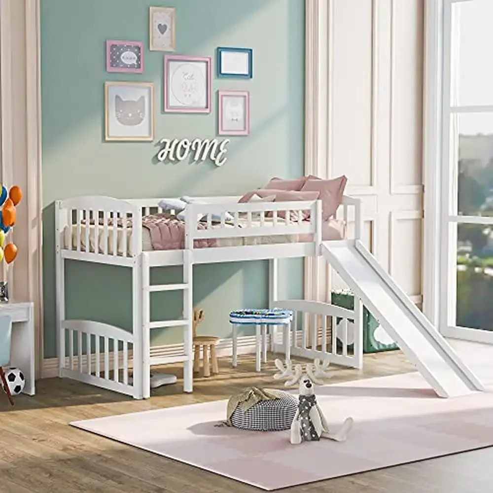 Trending Now Kids Twin Loft Bed With Slide And Ladder White Pine Wood Low Loft Bed Boys and Girls Pe