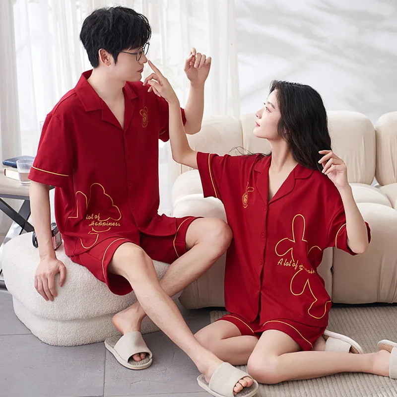 ผ้าฝ้ายสีแดงงานแต่งงาน newwed คู่ชุดนอนฤดูร้อนเสื้อสเวตเตอร์ถักแขนสั้น Sleeping Top Pant ชุดนอนผู้หญ