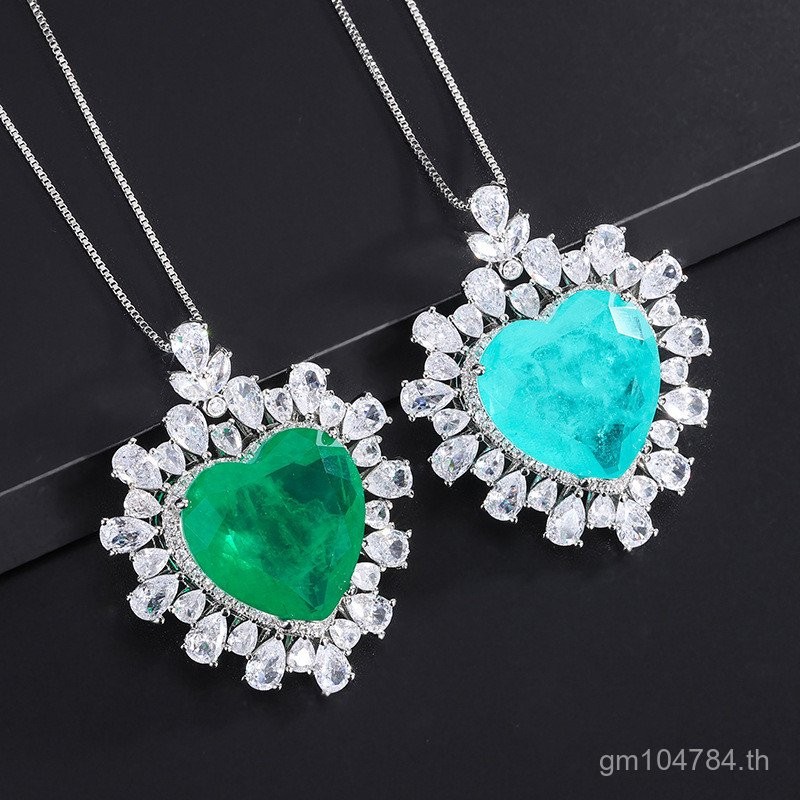 หัวใจรักจำลองมรกตสำหรับขายส่ง พร้อมจี้สร้อยคอดีไซน์ข้ามพรมแดน สไตล์ Paraiba 3PVT