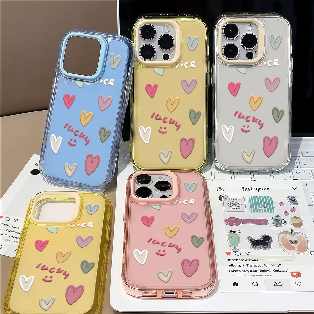 พร้อมส่ง เคสโทรศัพท์ไอ15 หัวใจสดใส เคสใสอะคริลิคสีสัน ระลอกเยลลี่ For IPhone11 12Pro 13 Pro MAX 14 15PLUS 16E กันกระแทก