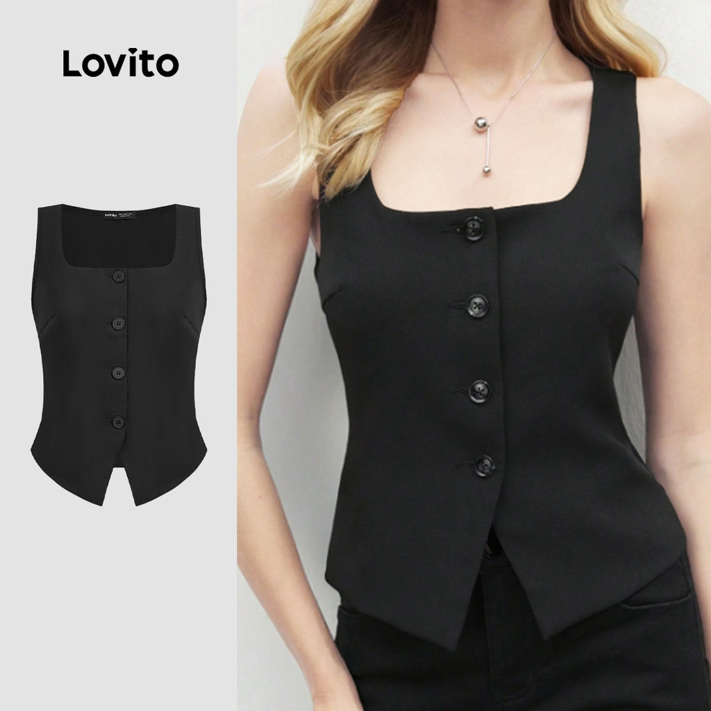 (NEW) Lovito เสื้อครอปเปิดปุ่มด้านบนสำหรับผู้หญิง ใส่เดินทางในฤดูใบไม้ผลิ/ฤดูร้อน สีดำ L155AD299