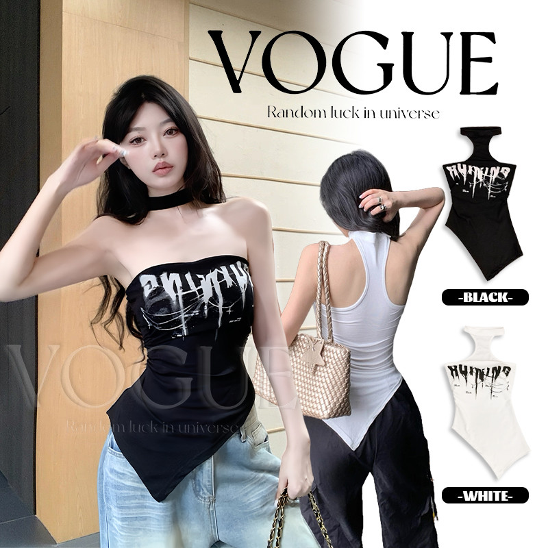 Vogue🌟พร้อมส่ง🌟 เสื้อเกาะอกคล้องคอ เท่ๆ สกีนลายตัวอักษร สีพื้นขาวดำ มีฟองน้ำ (FY5583)