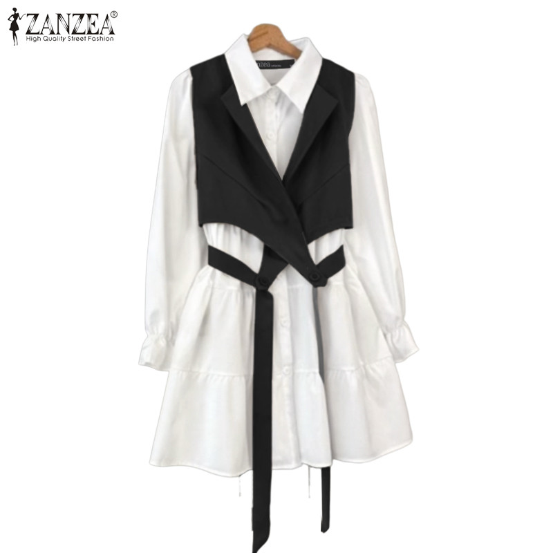 ZANZEA ซานเซีย ชุดแซนเด일 สไตล์เกาหลี ผูกเสื้อคอลสแตนดาร์ด แขนยาว เหมาะสำหรับใส่ออกงานหรือในวันหยุด — صورة 4