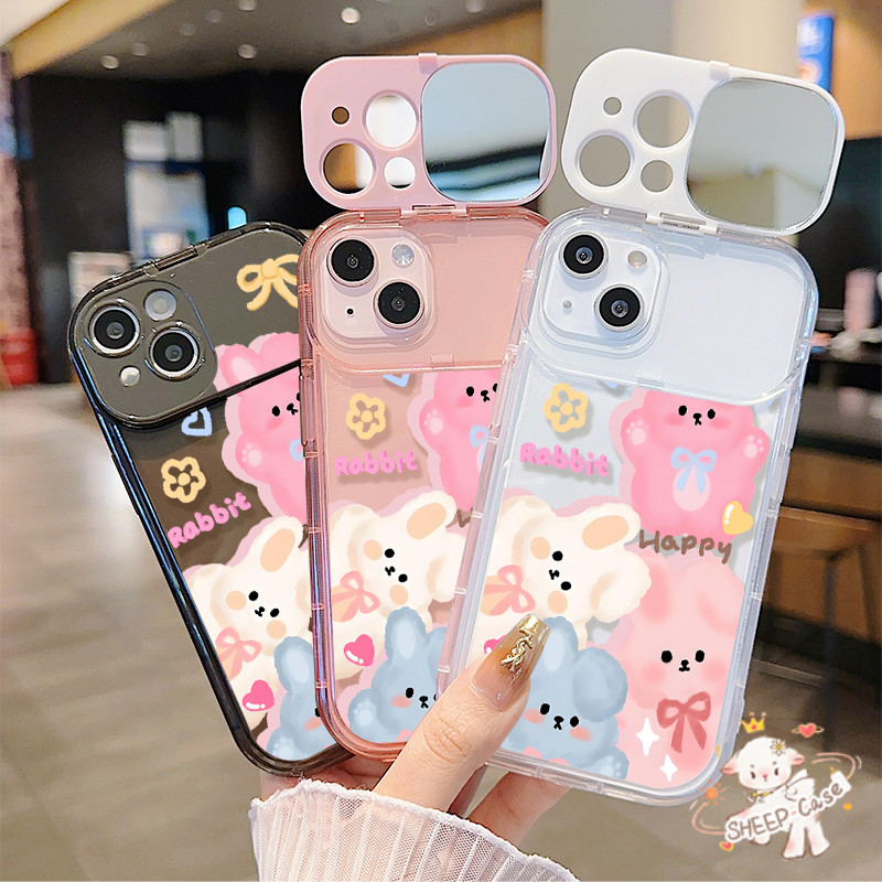 จัดส่งในพื้นที่ เคสกระจกแต่งหน้า แต่งหน้า กระต่าย สีชมพู น่ารัก For IPhone16 15 14 13 11 6 7 8 plus Pro Promax XR XSMAX