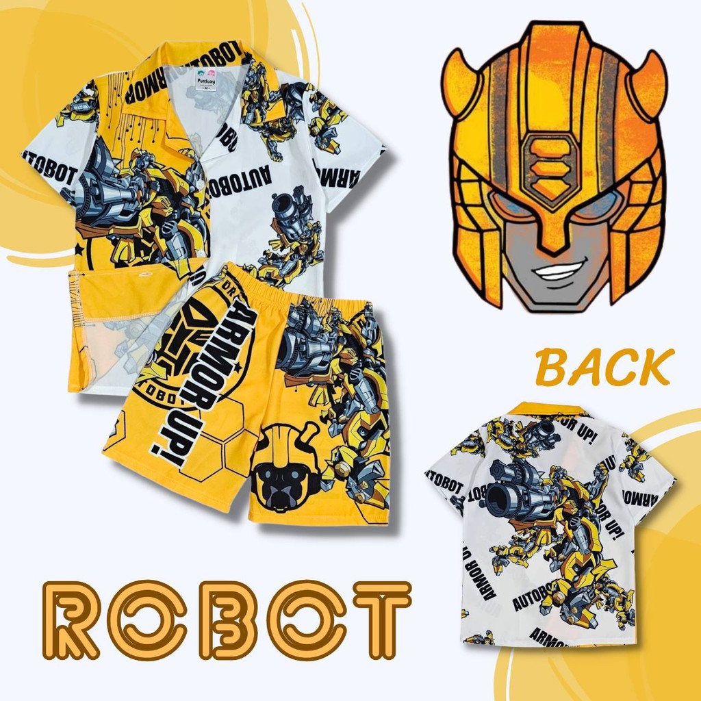 (RO0828#3) ชุดเด็ก เซ็ตเสื้อฮาวาย+กางเกงขาสั้น ผ้าไหมอิตาลี ลายหุ่นยนต์ เสื้อผ้าเด็กแฟชั่น ลายการ์ตูน ชุดเที่ยวทะเล – โปรปัง