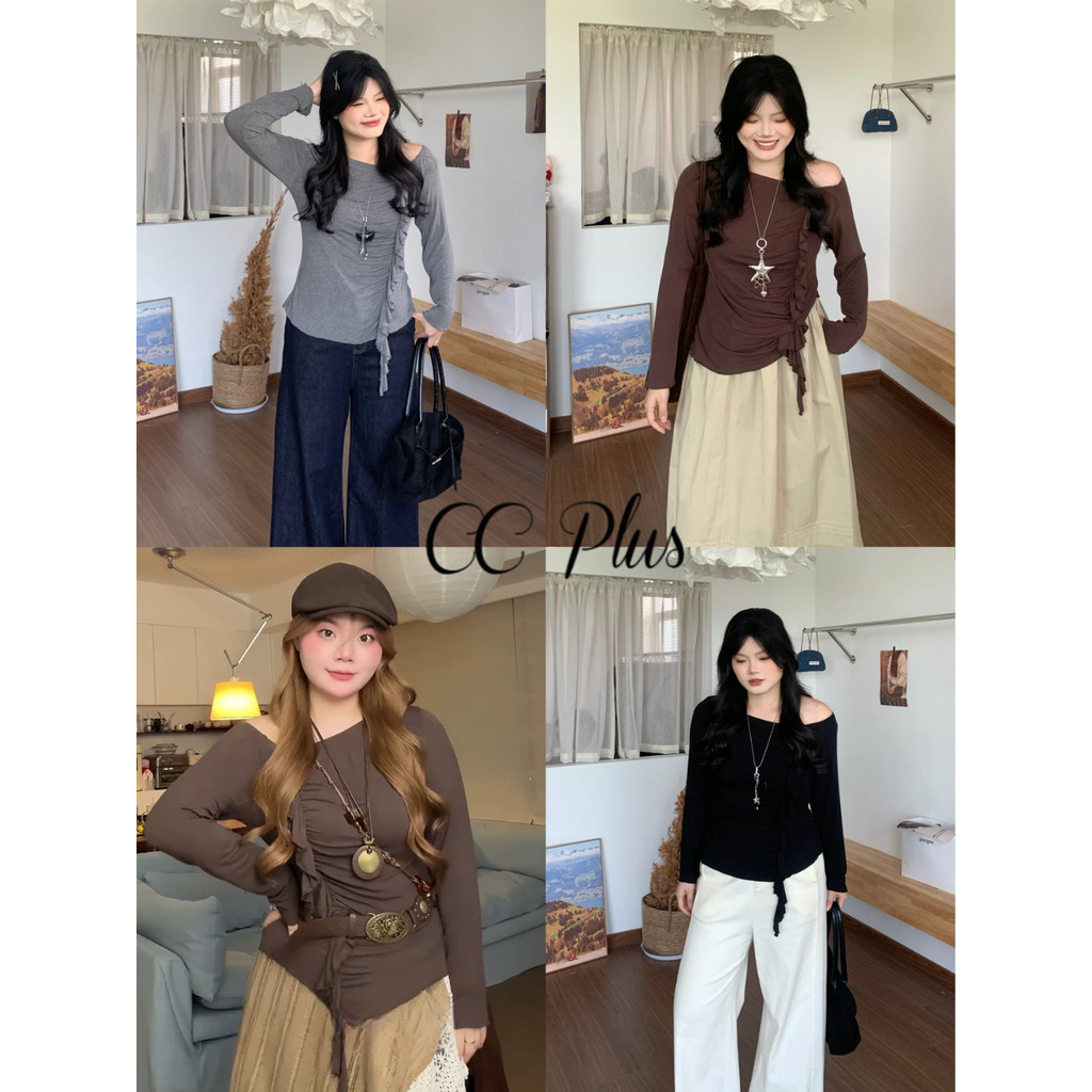CiCi Plus+(H88108-1)เสื้อยืดปาดไหล่เฉียงสีพื้นดีเทลแต่งระบายด้านหน้าแบบใหม่ไม่ซ้ำใค ทันสมัยเนื้อผ้านิ่ม สไตล์สาวพลัสไซส์