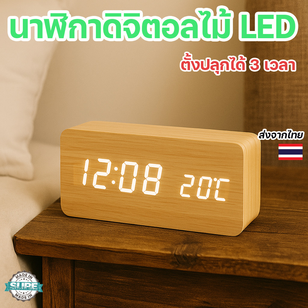 นาฬิกา LED ไม้สมาร์ท นาฬิกาตั้งโต๊ะปลุกได้ แสดงอุณหภูมิ วันเดือนปี ใช้ได้ทั้งห้องนอน โต๊ะทำงาน
