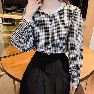 Chili Koko เสื้อเชิ้ต ลายสก็อต สไตล์เรโทรฝรั่งเศส คอกลม ลูกไม้ระดับไฮเอนด์ สำหรับผู้หญิง แขนยาว เสื้อเรียบหรู 99217