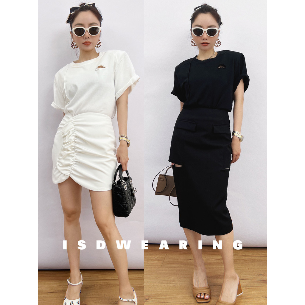 ISD Casual Ripped รอบคอสั้นเสื้อยืด 2023 ฤดูใบไม้ผลิฤดูร้อนสไตล์ใหม่ออกแบบหลวมแฟชั่น All-Match Top ผ