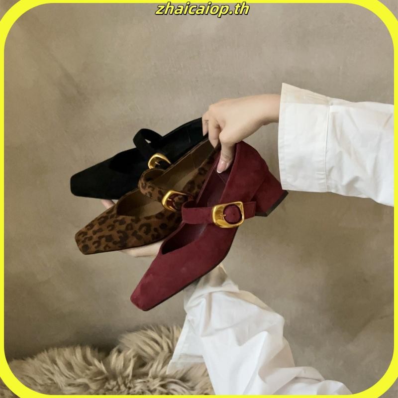 Atikota รองเท้าส้นสูงผู้หญิงสุภาพสตรีหัวเข็มขัดปรับได้ Chunky Square Toe Suede แฟชั่นรองเท้าส้นสูงรองเท้าแตะ