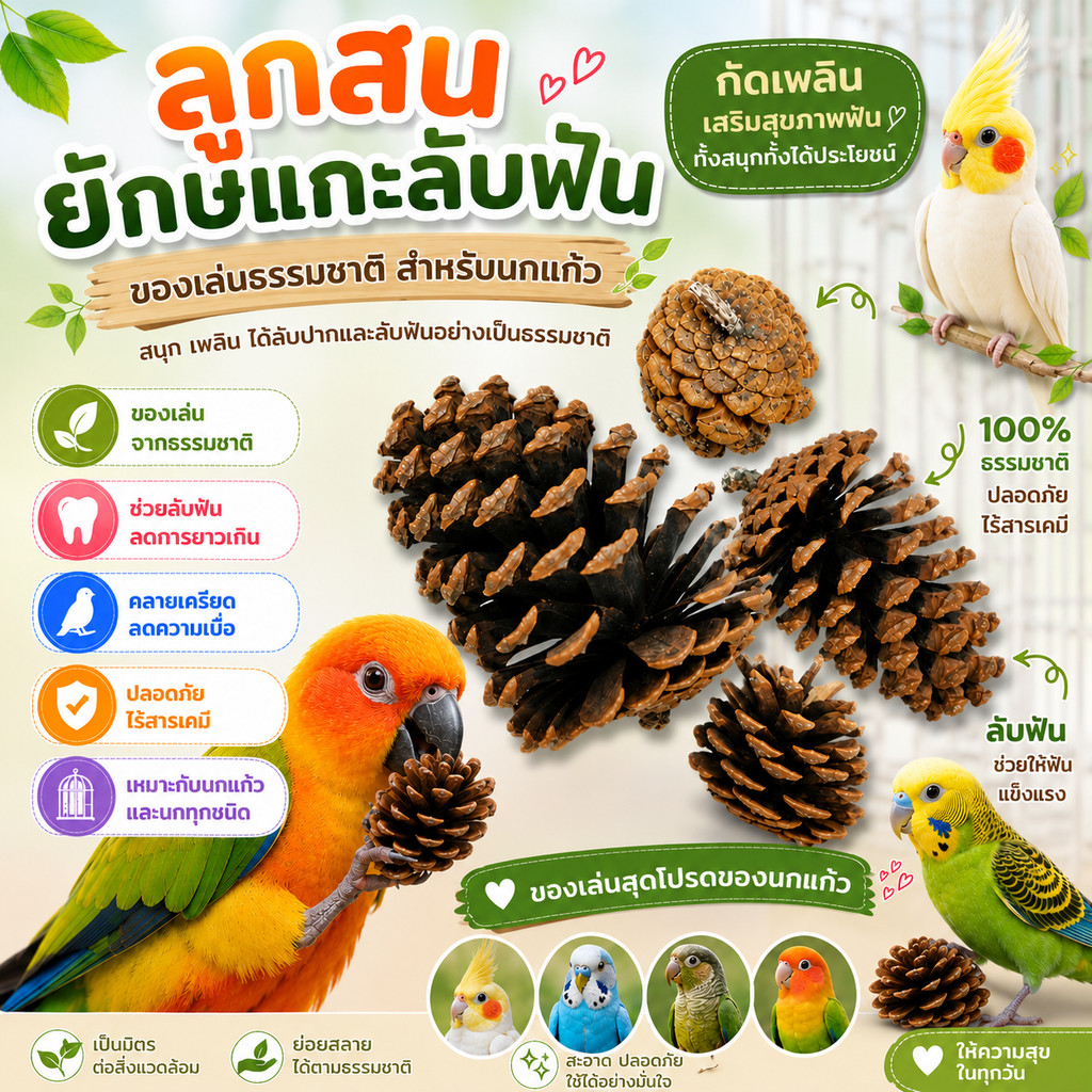 Parrot.thailand ของเล่นนกแก้ว ลูกมะกอกแทะธรรมชาติ ลับสมอง ลับปาก บำรุงฟัน ลดความเครียด นกแทะสนุกปลอดภัย 100%