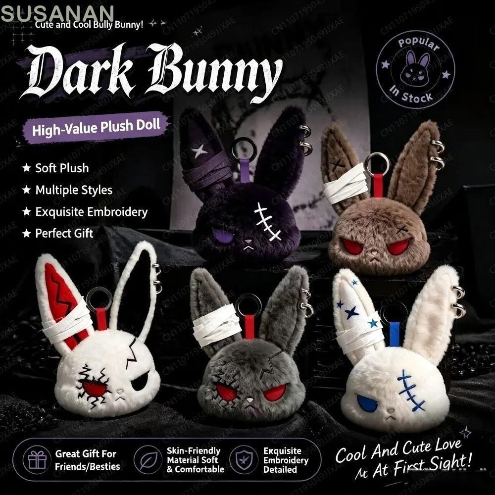 SUSAAN Dark Bunny ตุ๊กตา,ปักน่ารักออกแบบพวงกุญแจตุ๊กตากระต่าย,น่ารักตุ๊กตาสไตล์โกธิคเป็นมิตรกับผิวกระเป๋ากระต่าย Charm Friends ของขวัญ