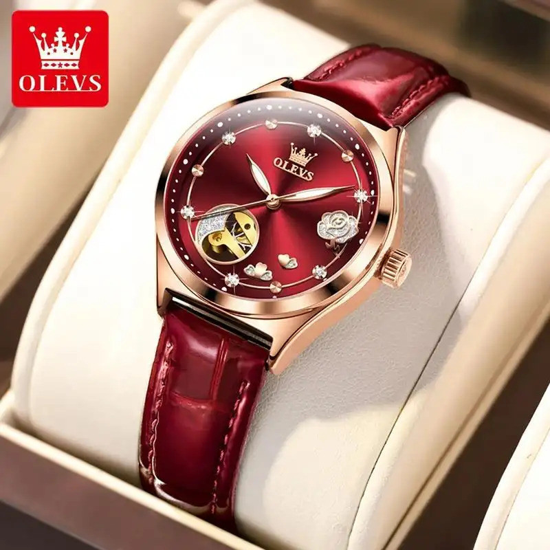 OLEVS มะกอก 6601 เครื่องกลนาฬิกาแฟชั่นของขวัญสายนาฬิกาข้อมือหนังแท้รอบหน้าปัดนาฬิกาข้อมือส่องสว่างผู